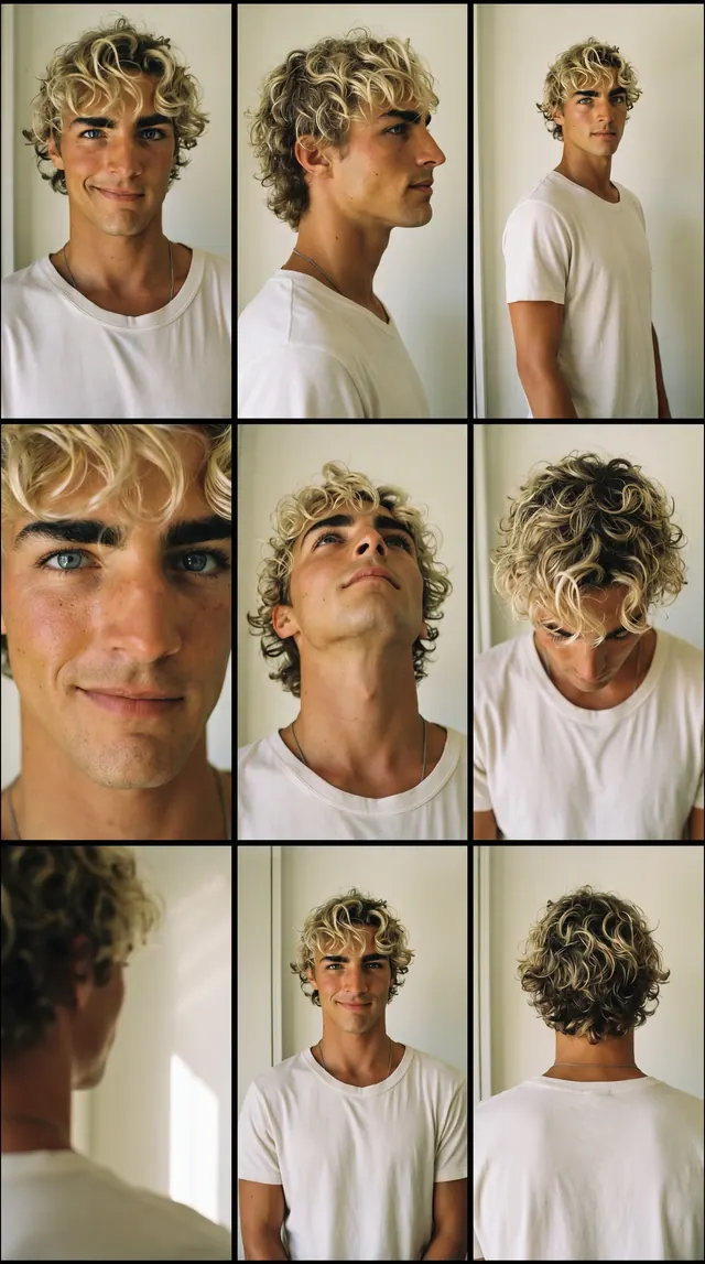 Coddy’s character bible: nine views of the same face — front, profile, three-quarter, close-up, looking up, looking down and from behind.
