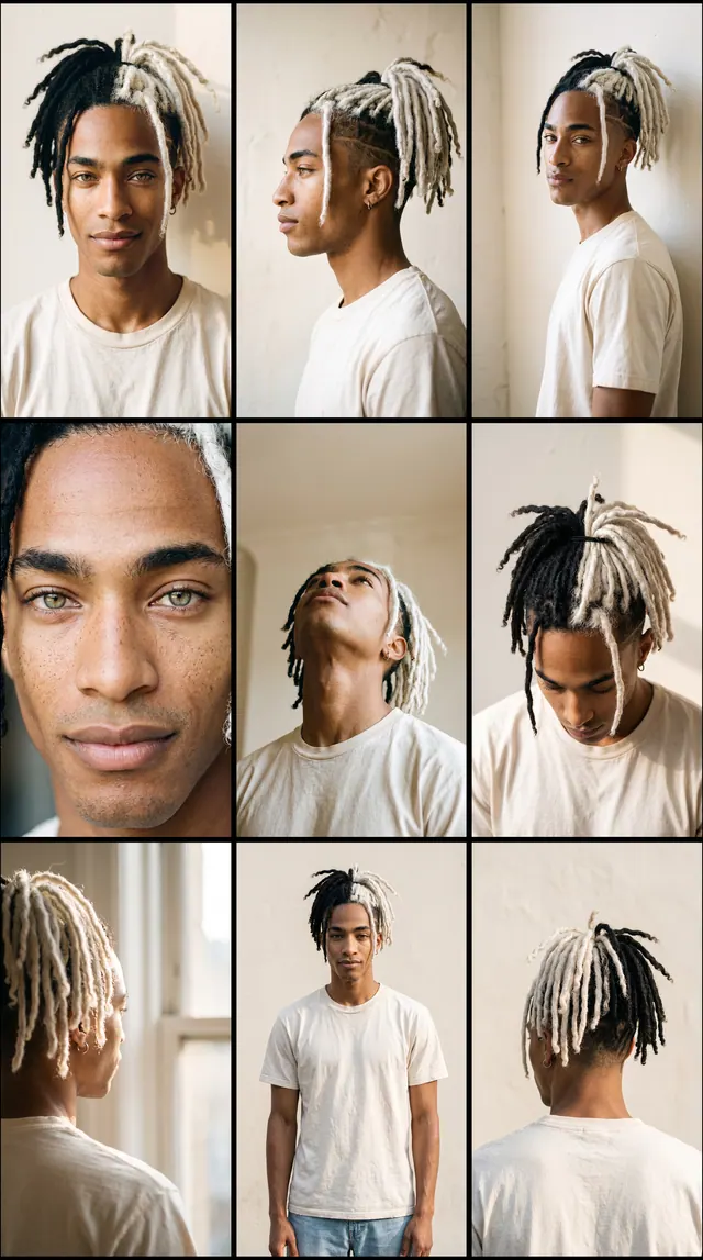 Joe’s character bible: nine views of the same face, with his half-black, half-white locs.