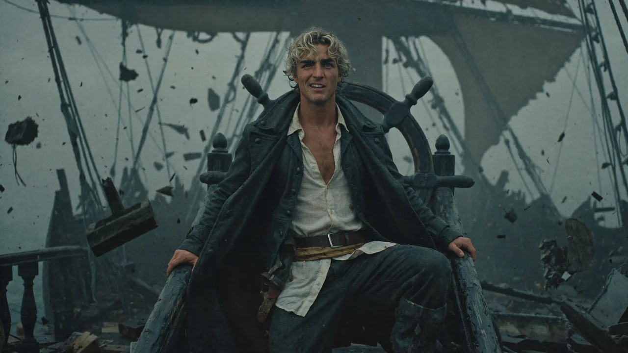 The Pirate's Law, keyframe 1: a young pirate grips the helm of his wrecked ship as debris flies through the fog.