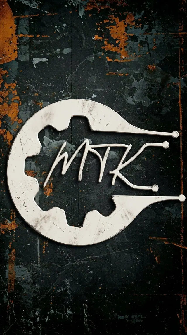 Logo proposal 3: the MTK logo in chipped white enamel on a rusty, grungy wall