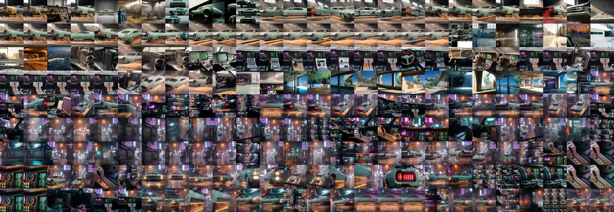 A wall of real attempts from the generation folder: stills of the car, the street and the cabin.